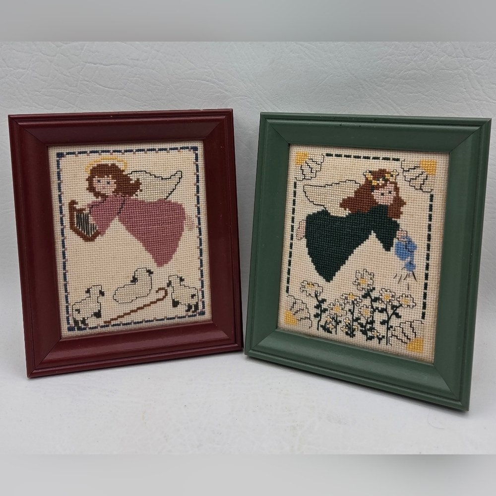Angel Cross-Stitch Framed Decor Set - Red and Green Frames